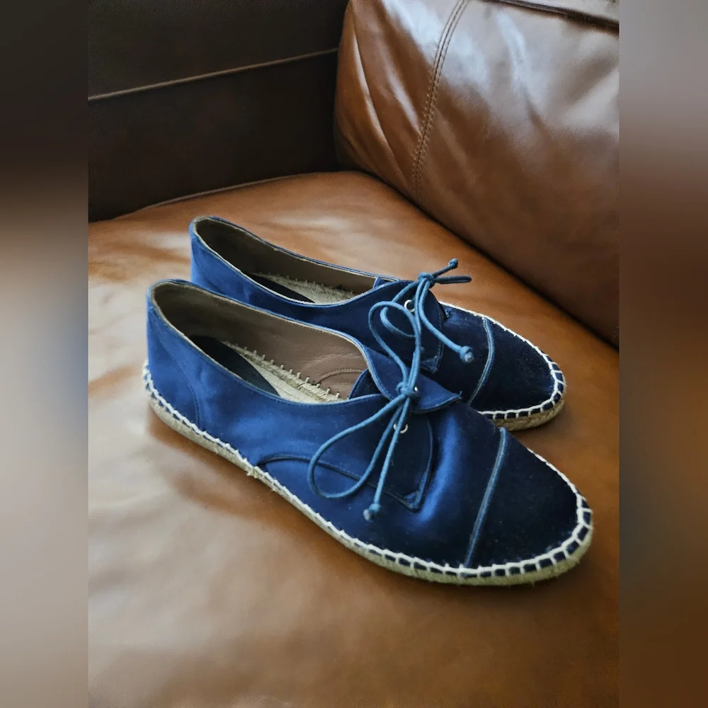 Tabitha Simmons Navy Blue Silk Leather lace Up espadrilles Eeuc! Size 39